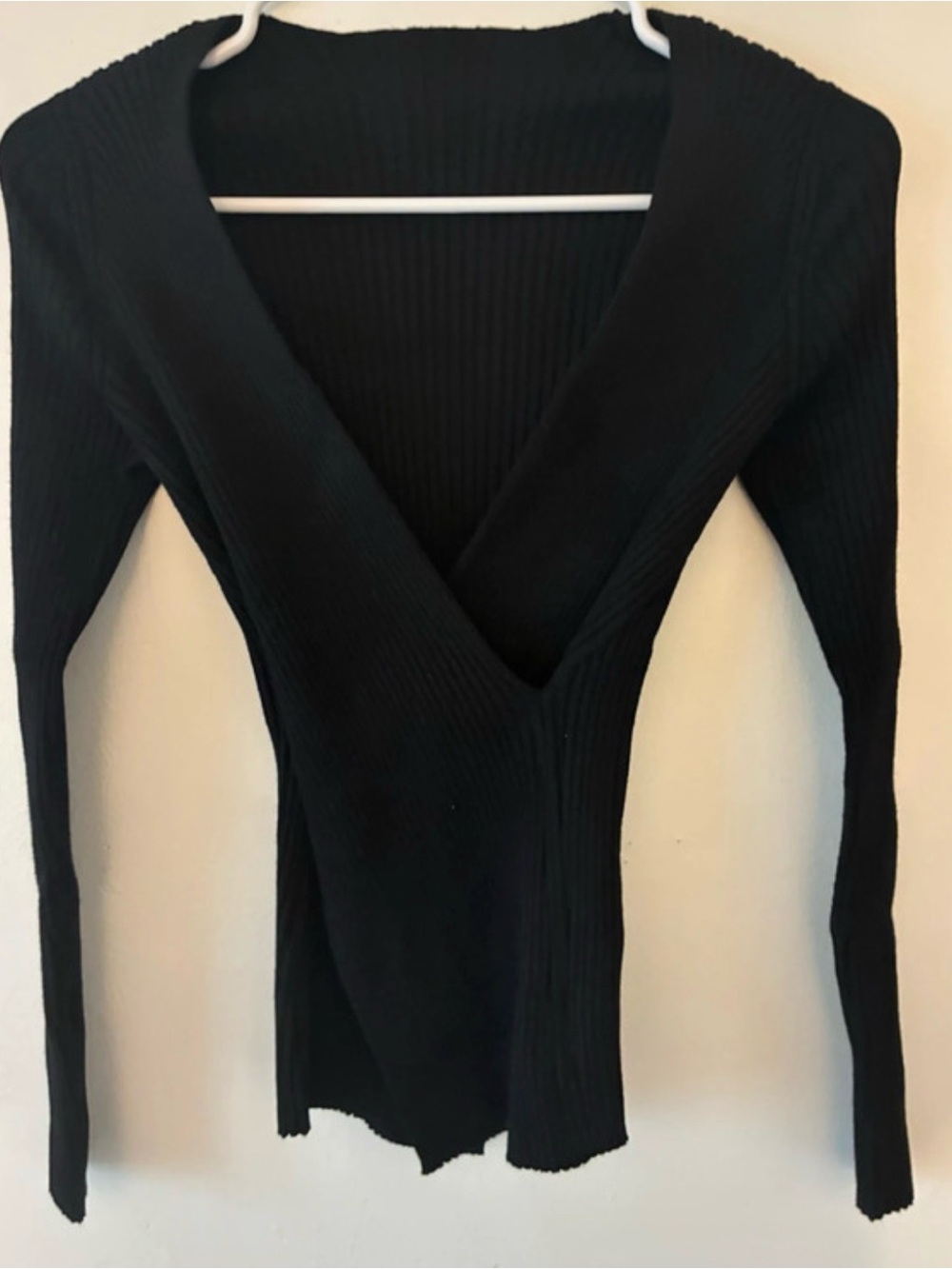 Black Ribbed Deep V-Neck Sweater